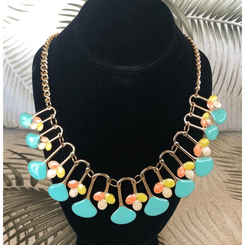 Mika  Necklace Articulated Statement Bib Turquoise Blue Yellow Pink Swirl Enamel